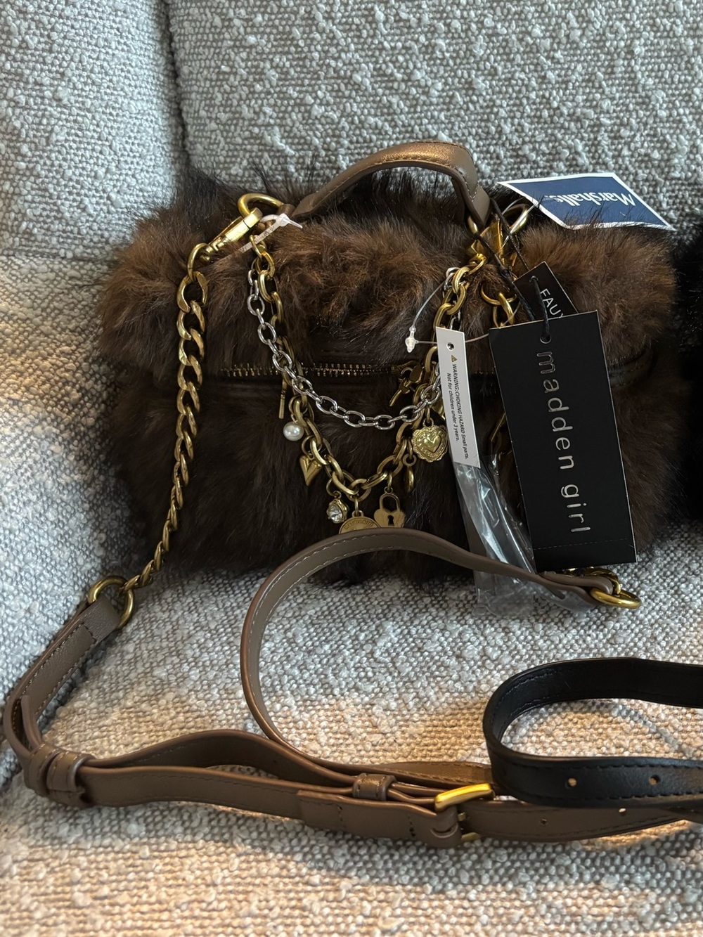 Madden Girl Brown Faux Fur Mini Crossbody with Mixed Metal Chains